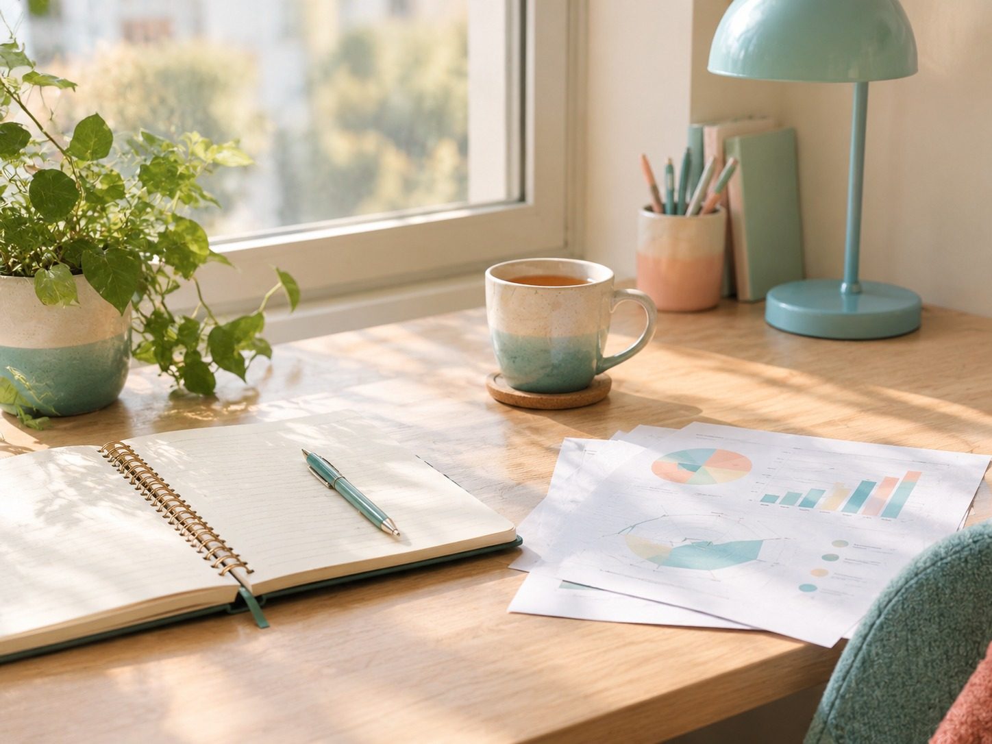 Mesa de trabajo con cuaderno y material de evaluación